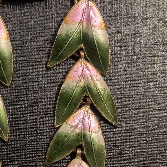 Dangle Leaf Earrings Pink Enamel Sterling Silver Vermeil Gold Plate Estate Vtg - Picture 4 of 6